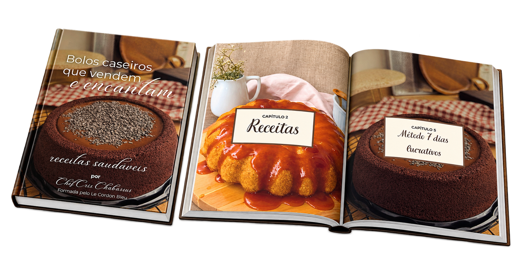 E-book Bolos caseiros que vendem e encantam, com a capa fechada próxima ao livro aberto