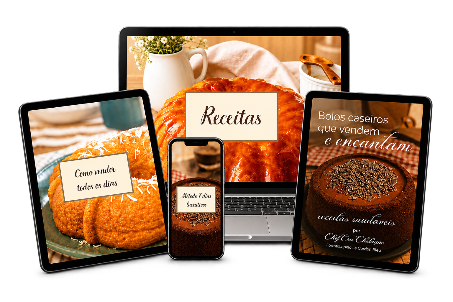 Mockups do ebook Bolos Caseiros que Vendem e Encantam