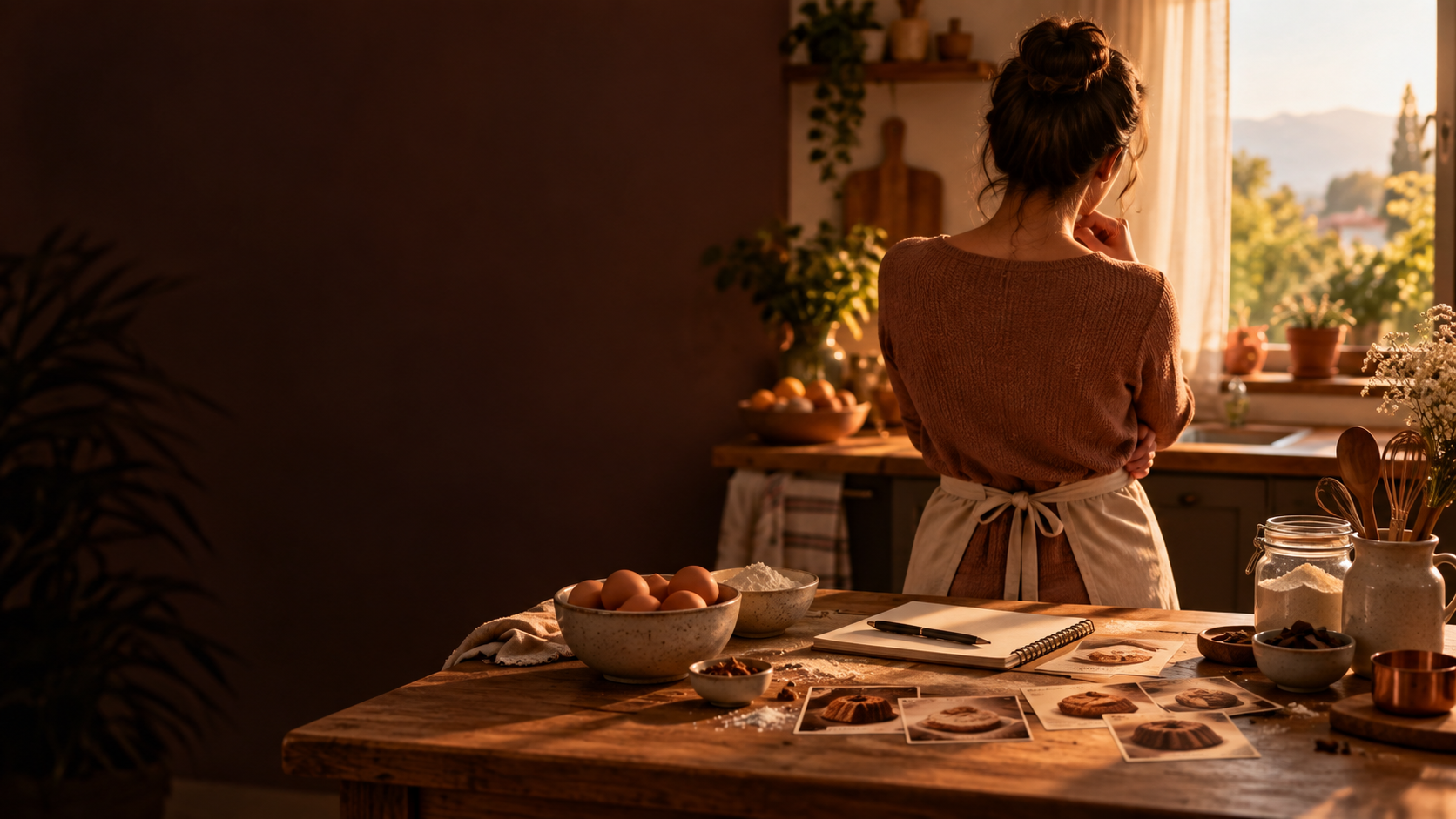 Mulher pensativa diante de ingredientes e receitas em uma cozinha